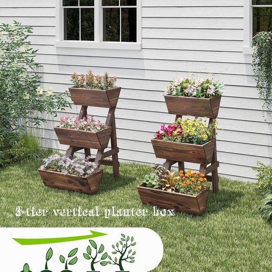 3-Tiers Wooden Raised Garden Bed Tiered Planter Box Vertical Garden Planter Wood Plant Stand for Patio, Balcony, Freestanding (Carbonized S)