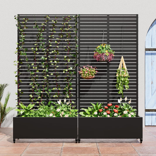 Casaphoria Metal Raised Garden Bed with Trellis and Wheels, 72"x35"x16" Planter Box for Climbing Plants, Vegetables & Vines, Features Drainage Holes and Privacy Screen (Black-Louvered)