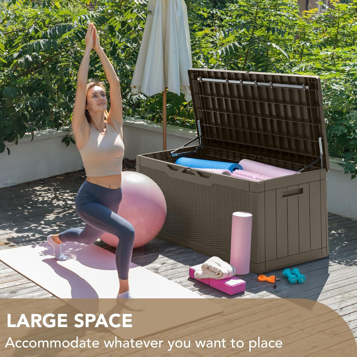 Devoko 100 Gallon Deck Box, Waterproof Resin Outdoor Storage Box with Cushion for Outside, Large Outdoor Storage Bench Cabinet Lockable for Patio Furniture and Garden Tools (Brown)