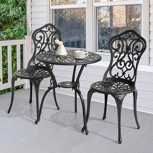 NUU GARDEN 3 Pieces Patio Bistro Set, Outdoor Bistro Set with 2 Chairs, Round Table with Umbrella Hole, All-Weather Outdoor Patio Bistro Set for Garden, Lawn, Poolside, Porch, Black