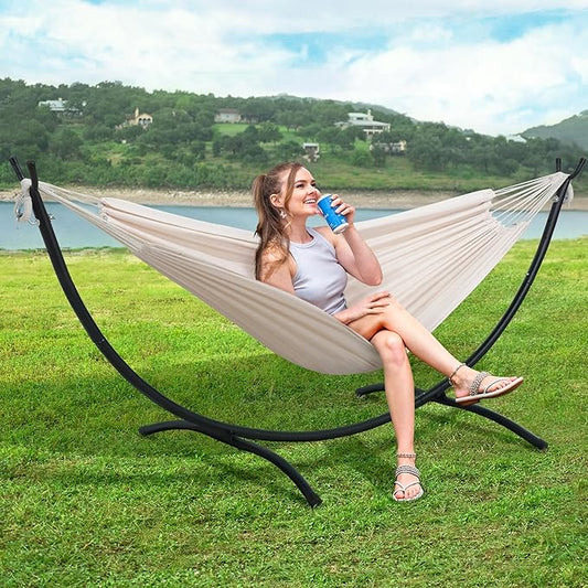 SUNCREAT Portable Outdoor Hammock with Stand Included, Double Hammock with Stand for Outside, Beige