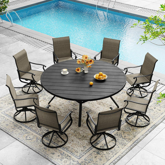 DIFY Round Outdoor Patio Dining Table for 8, 56.3" Patio Table with All-Weather Faux Wood Tabletop and Metal Steel Frame, Outside Table for Garden Porch Backyard, Black Tabletop