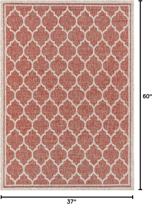 Eyely BMS109C-3 Santa Monica Trebol Moroccan Trellis Textured Weave Indoor/Outdoor Area Rug Coastal;Bohemian, Bedroom, Backyard, Patio, Easy-Cleaning, Non-Shedding, 3 X 5, Red/Beige
