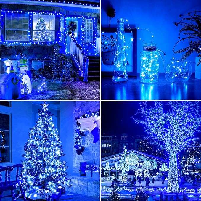 Brightever Outdoor Solar String Lights Waterproof, Solar Christmas Lights 2-Pack Total 80FT 200LED, Twinkle Fairy Lights for Outside with 8 Lighting Modes, for Yard, Party, Halloween (Blue)