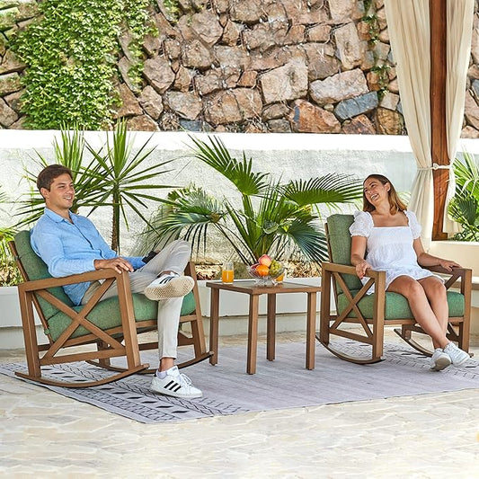 NATURAL EXPRESSIONS Rocking Bistro Set, 3 Piece Outdoor Patio Conversation Furniture Set with 2 Rockers and 1 Metal Coffee Table with Thick Cushions for Backyard,Porch,Poolside,300lbs