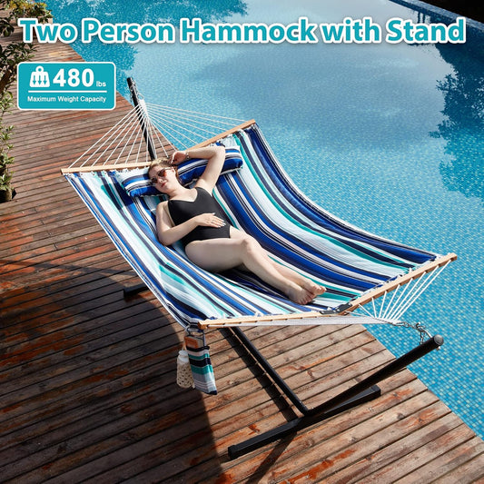 Two Person Hammock with Stand Heavy Duty, Outdoor Patio Hammock with Portable Steel Stand, Large Double Hammocks,480lbs Capacity.(Blue Stripes)
