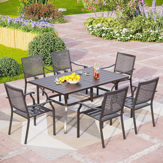 PHI VILLA Outdoor Dining Table for 6, 60" Long Rectangular Metal Wrought Iron Table with Umbrella Hole, All-Weather Large Furniture for Patio, Backyard, Porch