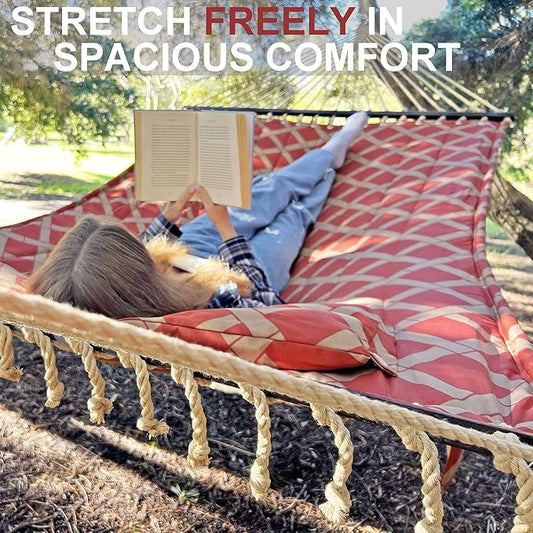 13FT Double Hammock With Spreader Bars - 600 lbs Capacity, Detachable Pillow, Heavy Duty Hanging Tree Design for Outside, Patio, Garden, Backyard, Beach, and Poolside