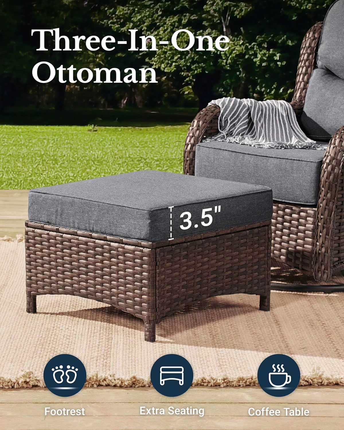 HILLGA Luxury Patio Furniture Set with 6-inch Thick Cushion, Outdoor Couch and High Back Swivel Rocker Patio Chairs, 8PCS Wicker Conversation Set for Deck Yard and Poolside, Dark Grey (V2)