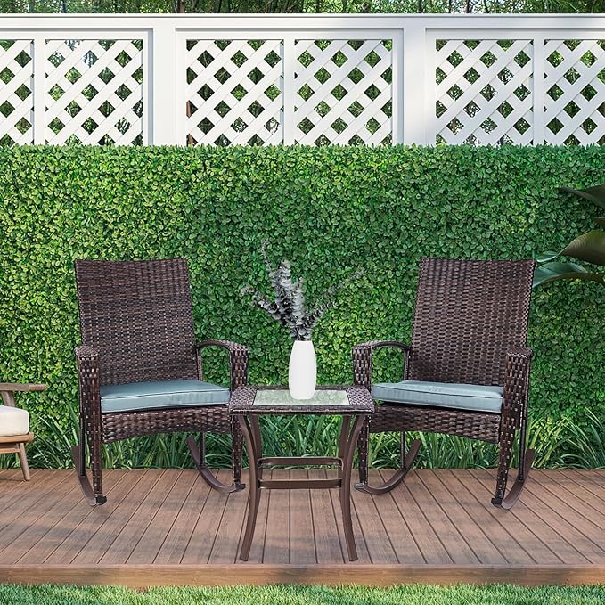 Niubya 3 Piece Wicker Rocking Chair Patio Furniture Sets, Outdoor Wicker Bistro Rattan Chair Conversation Sets with Cushions and Coffee Table, Grey and Brown