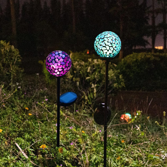 VCUTEKA Solar Garden Decorative Lights Outdoor, Mosaic Solar Light Waterproof LED Pathway Stake Light for Landscape Patio Yard Deck Walkway Decoration, 2 Pack (Blue&Purple)