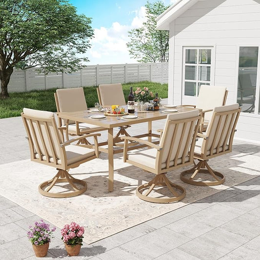 HAPPATIO 7 Piece Patio Swivel Dining Set, Aluminum Outdoor Dining Set for 6,Dining Table and Chairs Set, Patio Dining Furniture with Aluminum Table, Swivel Chairs and Washable Cushions (Beige)