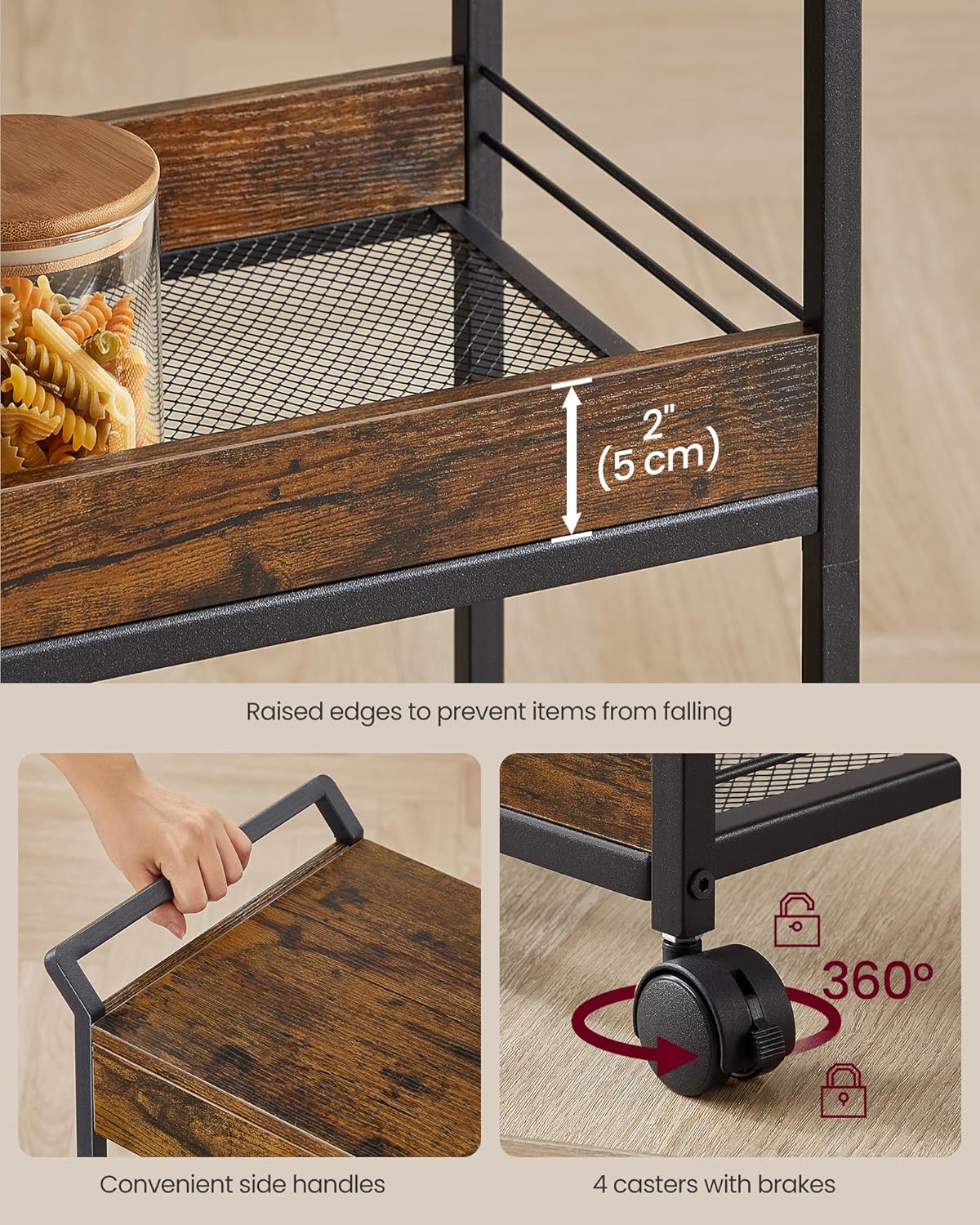 VASAGLE Storage Cart, 3-Tier Rolling Utility Cart with Table Top, Handles, 4 Lockable Casters, Top Drawer, Mesh Shelves, for Kitchen, Bathroom, Bedroom, Rustic Brown and Ink Black ULRC048K01