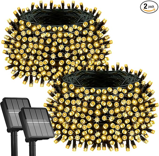 2Pack-300LED Solar String Lights, 112Ft Solar String Lights Outdoor with 8 Modes ,Solar Christmas Lights Outdoor Waterproof for Yard, Fence,Balcony, Party,Christmas Tree Decorations (Warm White)