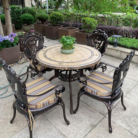 Outdoor Table Tile Round Patio Table All Weather Aluminum Frame Outdoor Dining Tables for Lawn Garden Backyard (100cm Ore White Round Table)