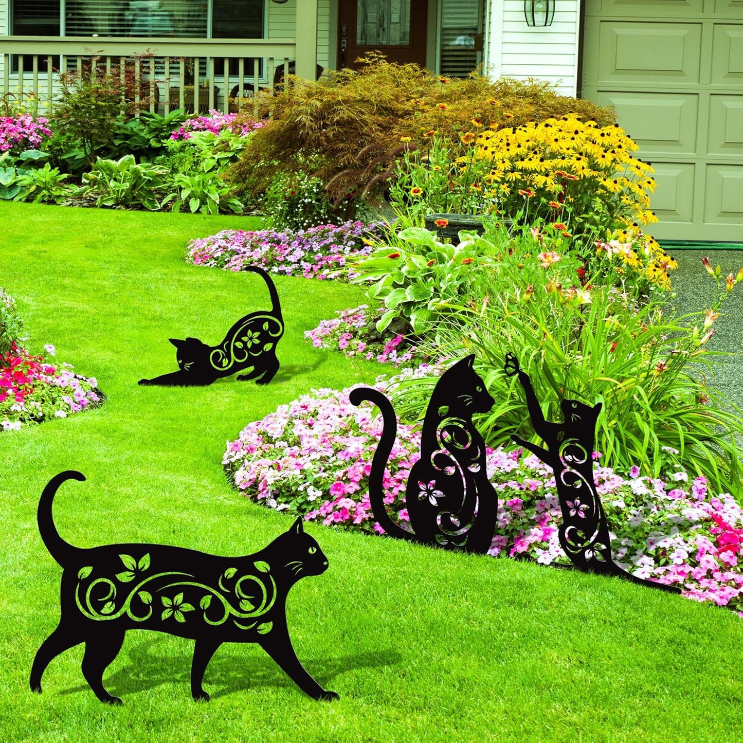 Elcoho 4 Pack Black Cat Silhouette Cute Metal Cat Garden Statues Bird Repellent Decorative Garden Stakes for Yard, Garden, Lawn Outdoor Decorations