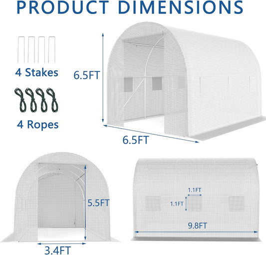 9.8*6.5*6.5FT Heavy Duty Greenhouse for Outdoors, Large Walk-in Green House with High Tunnel PE Cover & Irrigation Garden Sprinkler System for Winter, White