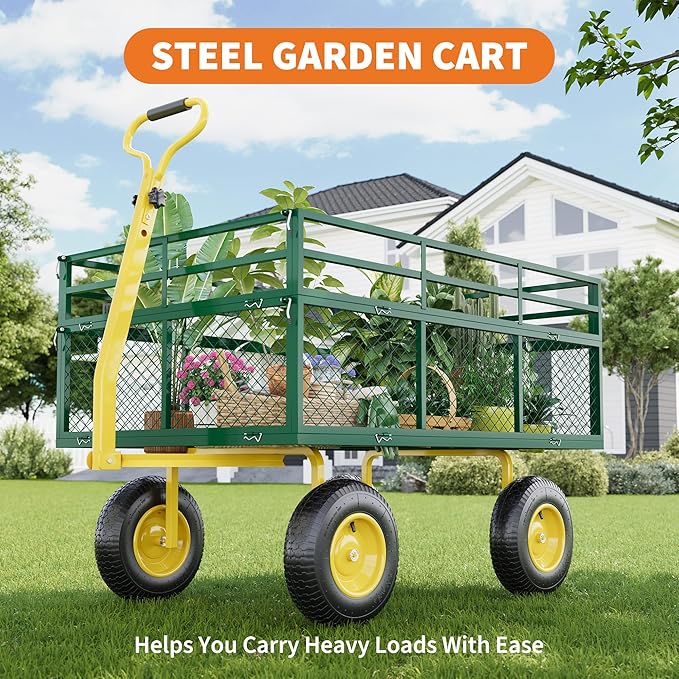 3-in-1 Heavy-Duty Steel Garden Cart, 1400 Lbs Garden Wagon, with 13 Inch All-Terrain Tires and Removable Mesh Side Panels, 180° Rotating Handle, Metal Utility Yard Trailer, Outdoor Gardens Wagon Cart