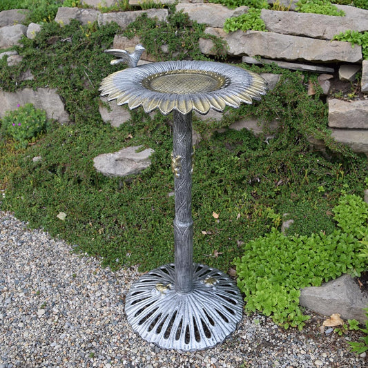 Oakland Living 5065AP Antique Pewter Sunflower Design Aluminum Birdbath, Silver