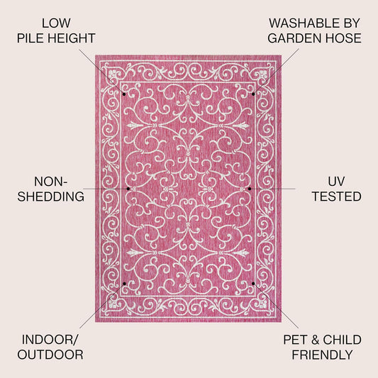 JONATHAN Y SMB106J-5 Charleston Vintage Filigree Textured Weave Indoor Outdoor Area Rug, Classic Traditional Easy-Cleaning,Bedroom,Kitchen,Backyard,Patio,Non Shedding, 5 X 8, Fuchsia/Light Gray