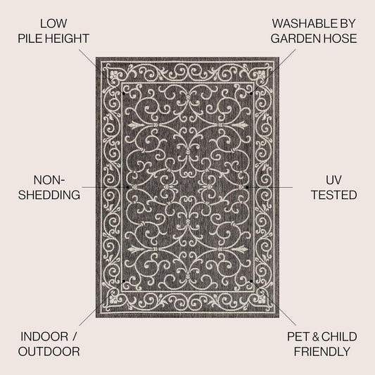 JONATHAN Y SMB106G-9R Charleston Vintage Filigree Textured Weave Black/Gray 9' Round Indoor/Outdoor Area Rug, Pet Friendly, Non-Shedding, Stain Resistant, Easy-Cleaning for Backyard, Patio, Porch