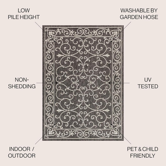 JONATHAN Y SMB106G-8R Charleston Vintage Filigree Textured Weave Black/Gray 8' Round Indoor/Outdoor Area Rug, Pet Friendly, Non-Shedding, Stain Resistant, Easy-Cleaning for Backyard, Patio, Porch