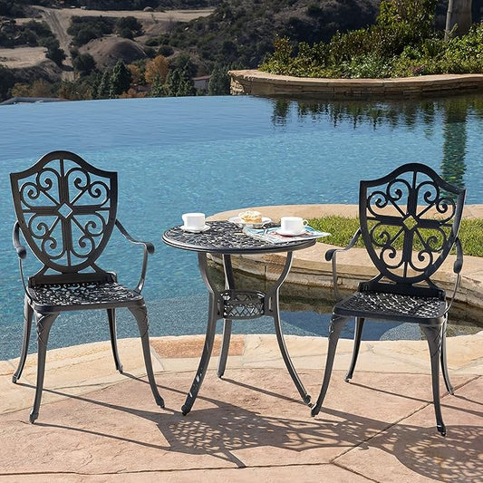 NUU GARDEN 3-Piece Outdoor Bistro Set, Round 24 Inch Cast Aluminum Bistro Table with 2.17" Umbrella Hole and 2 Cast Aluminum Bistro Chairs, for Patio, Garden, Backyard and Balcony, Black