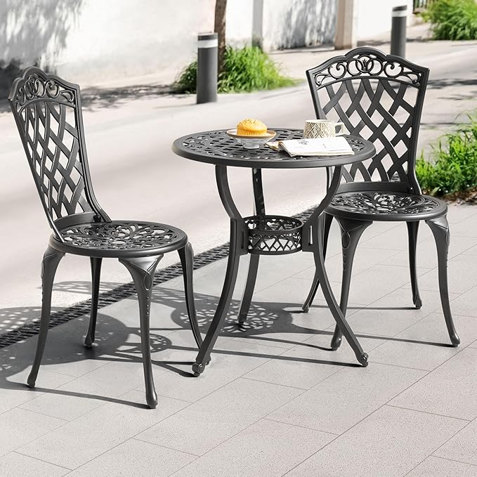 NUU GARDEN 3 Piece Outdoor Bistro Table Set, All Weather Cast Aluminum Patio Bistro Sets Patio Table and Chairs Set of 2 with Umbrella Hole for Yard, Garden, Balcony, Black