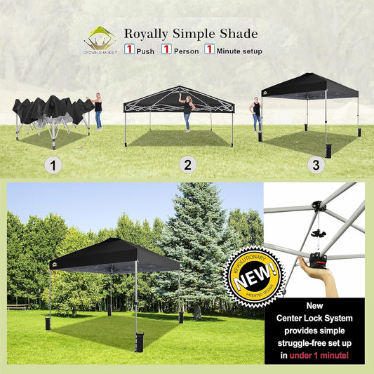CROWN SHADES 10x10 Pop Up Canopy - Beach Tent with One Push Setup - Easy Outdoor Sun Shade for Events, Parties, Camping - Gazebo with STO-N-Go Cover Bag, Silver Coated Top, Black