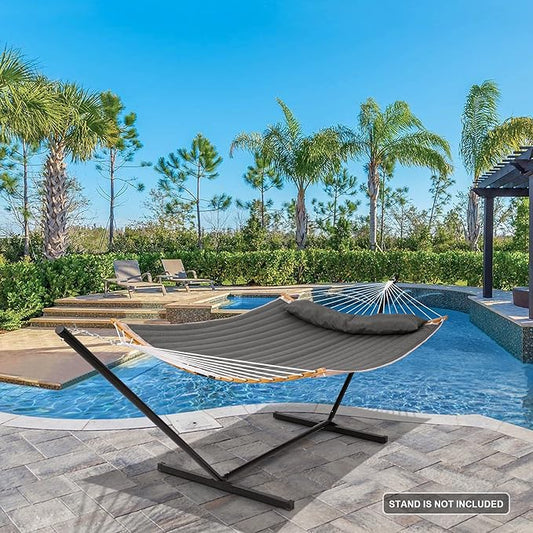 SUNCREAT Portable Double Hammock with Curved Spreader Bar, 450 lbs Capacity, Heavy Duty Outdoor Hammock with Outer Bag, Dark Gray