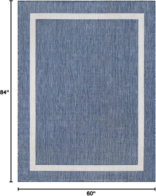 Bordered Outdoor Rug 5x7 Washable Outside Carpet for Indoor Patio Porch Waterproof Easy Cleaning Non Shedding Area Rugs Blue 5 x 7