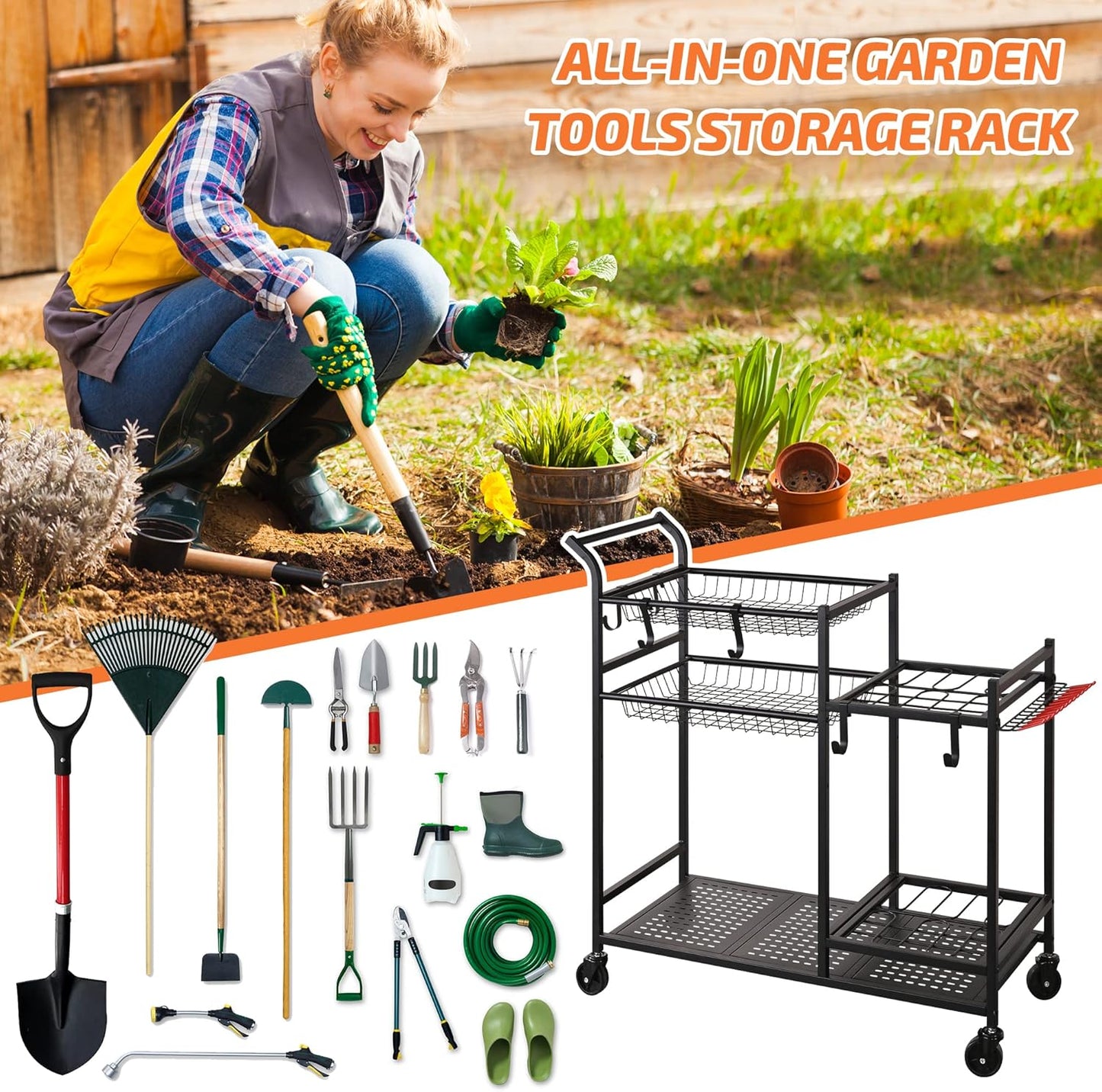 PLKOW Garden Tool Organizer with Wheels, Garden Tool Rack, Yard Tool Holder for Rakes, Shovel, Fertilizer, Garden Tool Storage for Garage, Shed, Outdoor