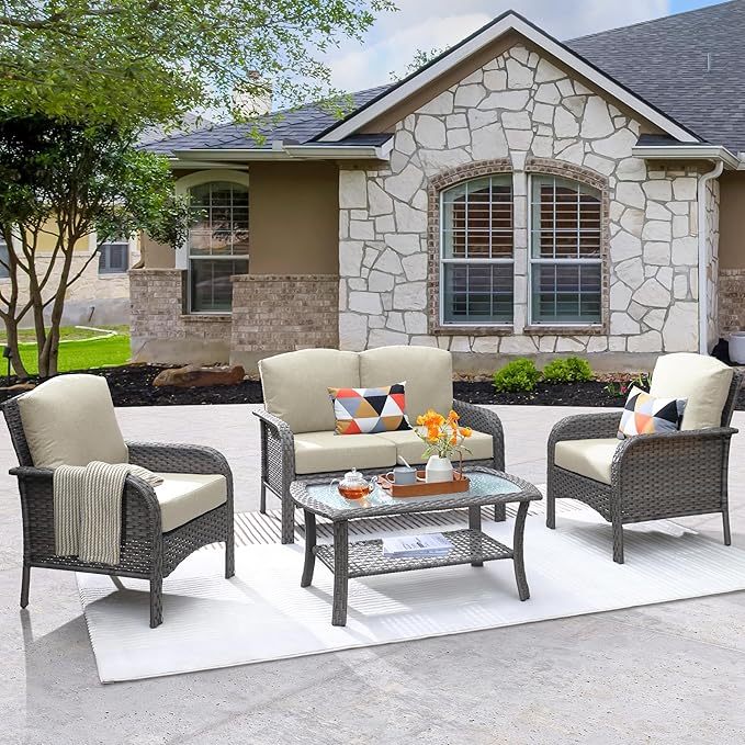 ovios 4 Pieces Patio Furniture Set, Outdoor Wicker Sofa with Coffee Table, Chairs, All Weather High Back Rattan Loveseat Couch with Comfy Cushions, Beige