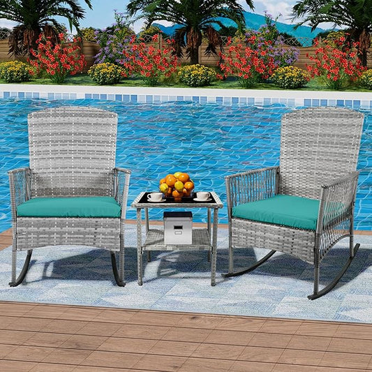 DECMICO Outdoor Rattan Wicker Rocking Chair, 3 Pieces Patio Conversation Furniture Bistro Sets with Side Table and Cushions for Porch Garden and Balcony