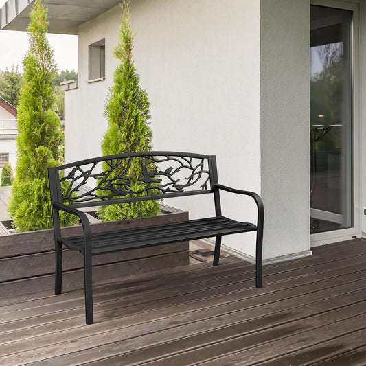 Yaheetech Outdoor Garden Bench Patio Furniture Chair Outdoor with Vintage Bird Pattern Backrest, Slatted Seat, Antique Metal Bench for Yard & Porch & Park, Black
