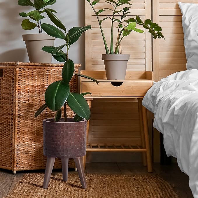 D'vine Dev 8 Inch Modern Geometric Tile Patterned Sleek Planter Pot with Stand, Indoor Outdoor Decorative Plant Holder, Espresso, 88-Z-A-6