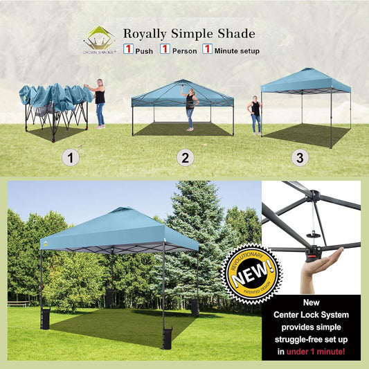 CROWN SHADES 10x10 Pop Up Canopy Tent - Patented Center Lock One Push Instant Outdoor Canopy Beach Tent with STO-N-Go Bag 8 Stakes & 4 Sand Bags,Cyan Blue