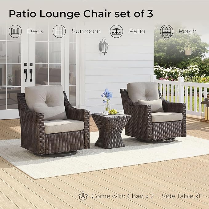 CHITA 3 Pieces Wicker Patio Bistro Set, Outdoor Furniture Set with 2 Pieces Rattan Rocking Swivel Chairs, Thickened Cushions and Side Table