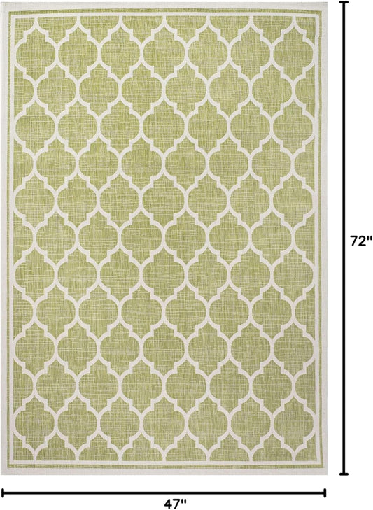 Eyely BMS109G-4 Santa Monica Trebol Moroccan Trellis Textured Weave Indoor/Outdoor Area Rug Coastal;Bohemian, Bedroom, Backyard, Patio, Easy-Cleaning, Non-Shedding, 4 X 6, Green/Cream