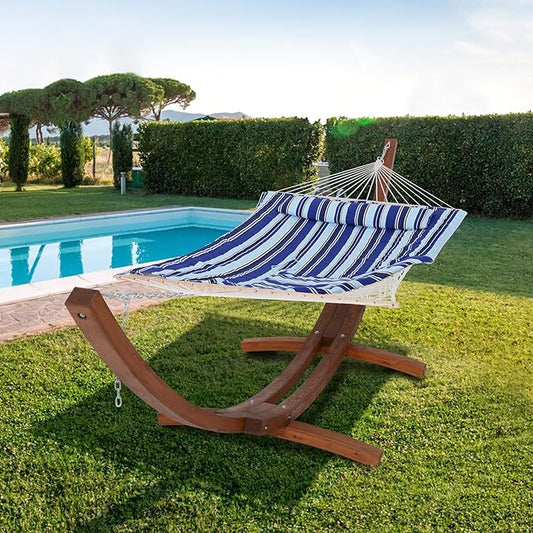 SUNCREAT Rope Hammocks 2 Person Hammock with Stand, Portable Patio Hammock with 13.5 ft Wooden Stand, Blue Stripes