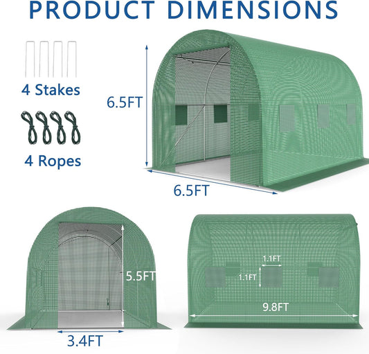 9.8*6.5*6.5FT Heavy Duty Greenhouse for Outdoors, Large Walk-in Green House with High Tunnel PE Cover & Irrigation Garden Sprinkler System for Winter, Green