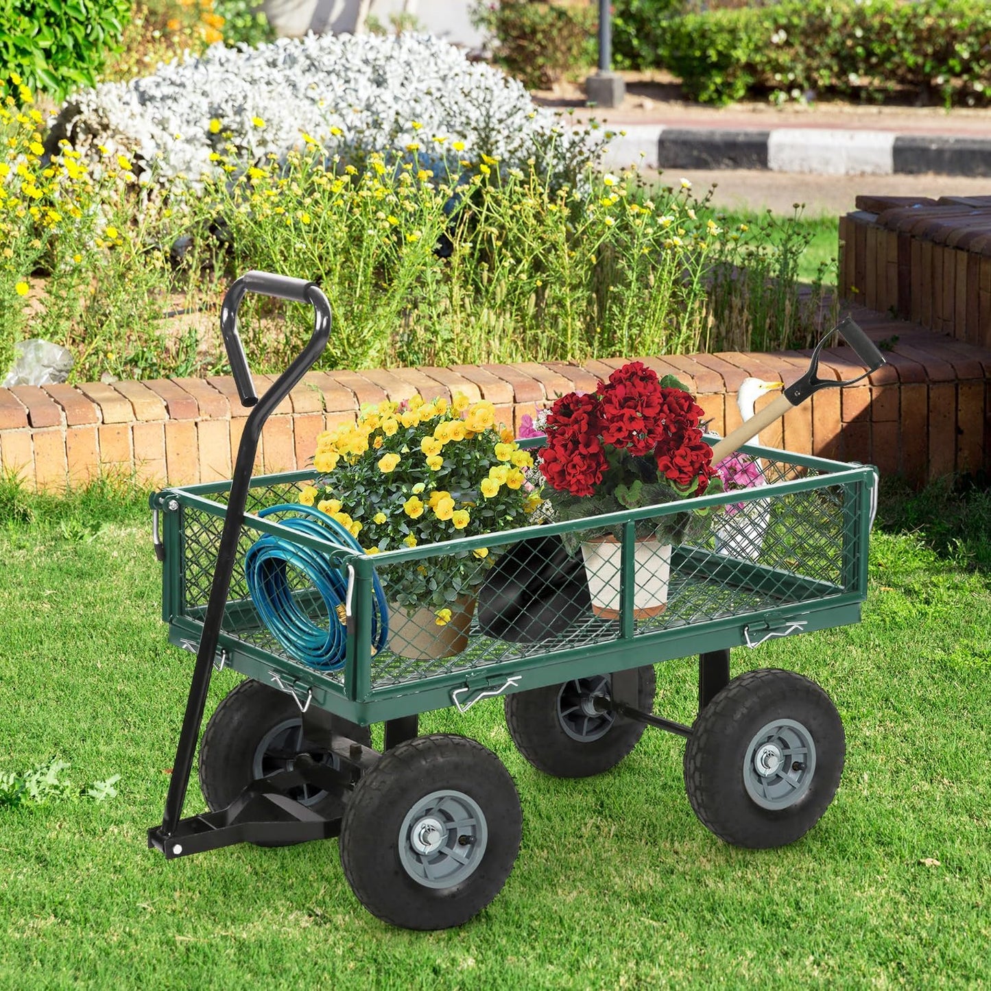 BestMassage Heavy Duty 500 Lbs Capacity Mesh Steel Garden Cart Folding Utility Wagon with Removable Sides for Beach Lawn Yard Landscape (Green)