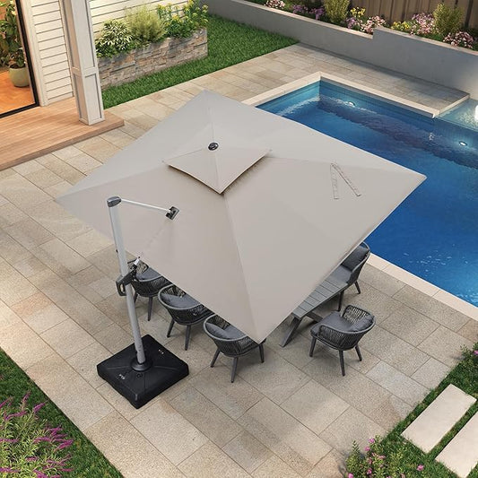 PURPLE LEAF 9 X 12 FT Cantilever Patio Umbrellas with Base Included, Large Square Offset Umbrella with 360° Rotation, Outdoor Aluminum Pool Umbrella for Pool Lawn Garden, Beige