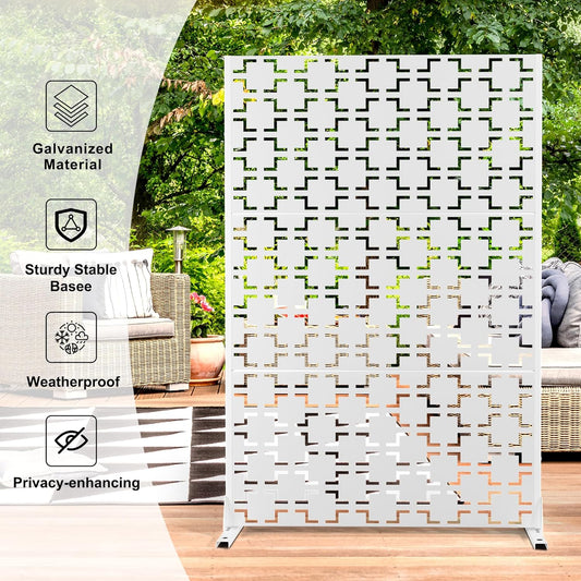 Metal Privacy Screen Outdoor 72" H×47" W,Freestanding Decorative Privacy Screen for Balcony Yard&Garden,Privacy Fence-White&Square