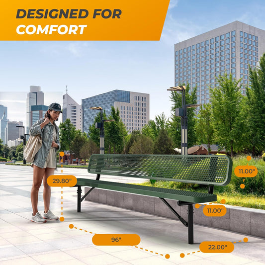 Heavy-Duty Outdoor Metal Bench, Thermoplastic-Coated, Inground, Weatherproof, Commercial-Grade for Parks, Gardens, Patios, Stores & More (8 Ft - Inground with Back, Green)