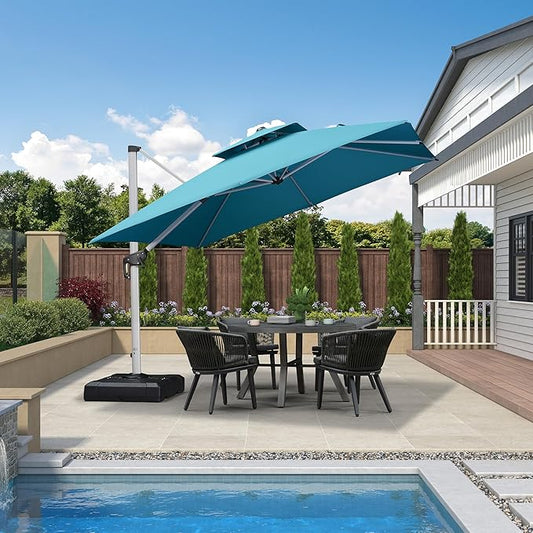 PURPLE LEAF 10 FT Cantilever Patio Umbrellas with Base Included, Large Square Offset Umbrella with 360° Rotation, Outdoor Aluminum Pool Umbrella for Pool Lawn Garden, Turquoise Blue