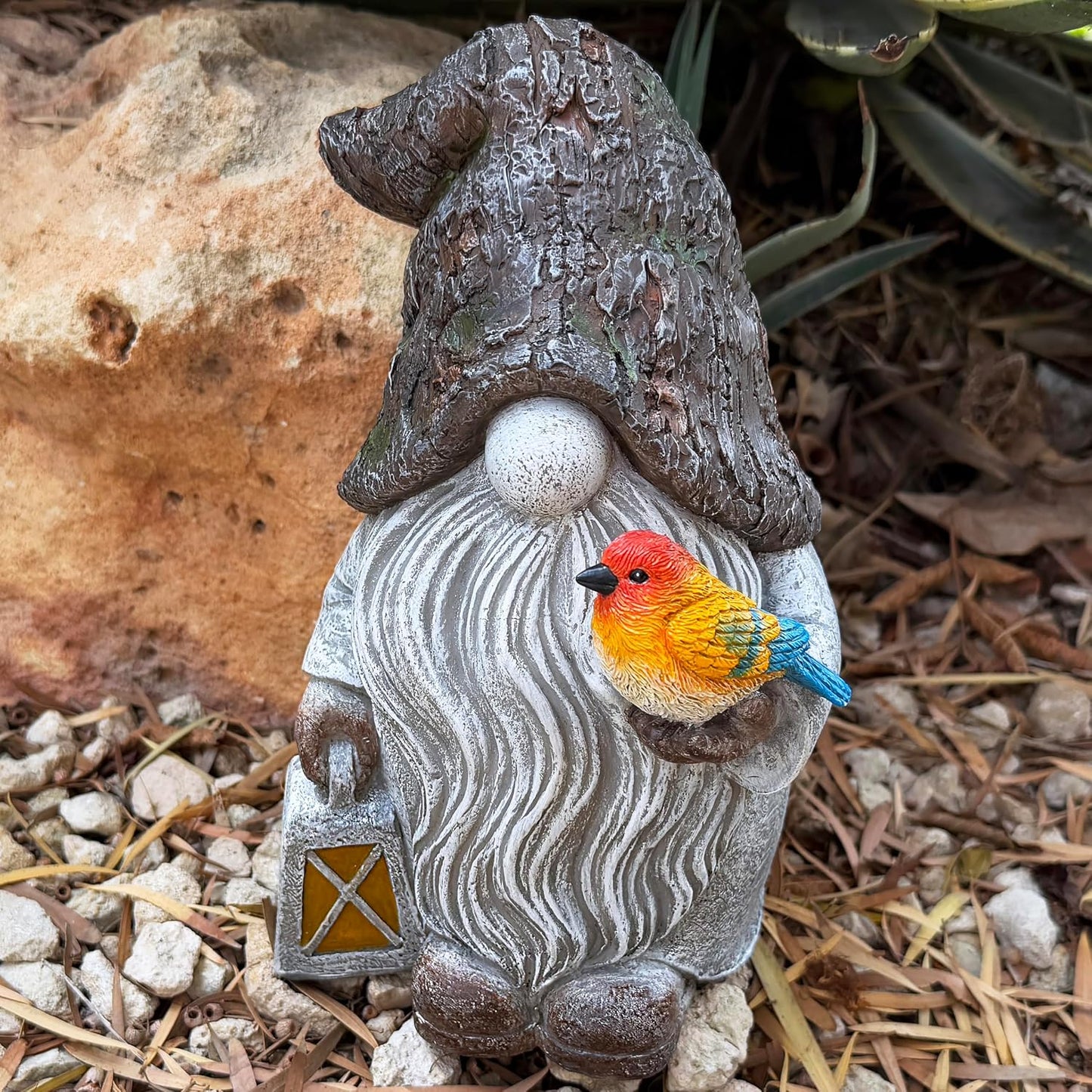 Mood Lab Garden Gnome - Stone Gnome Figurine - 9.1 Inch Tall Lawn Statue with Bird - for Outdoor or House Decor