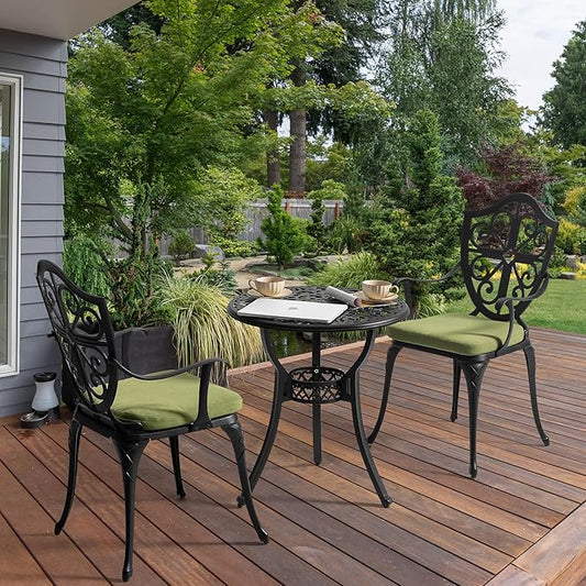 NUU GARDEN Outdoor 3 Piece Bistro Set with Cushions Round 24 Inch Cast Aluminum Table with 2.17 Inch Umbrella Hole and 2 Cast Aluminum Bistro Chairs for Patio Garden Backyard and Balcony Black