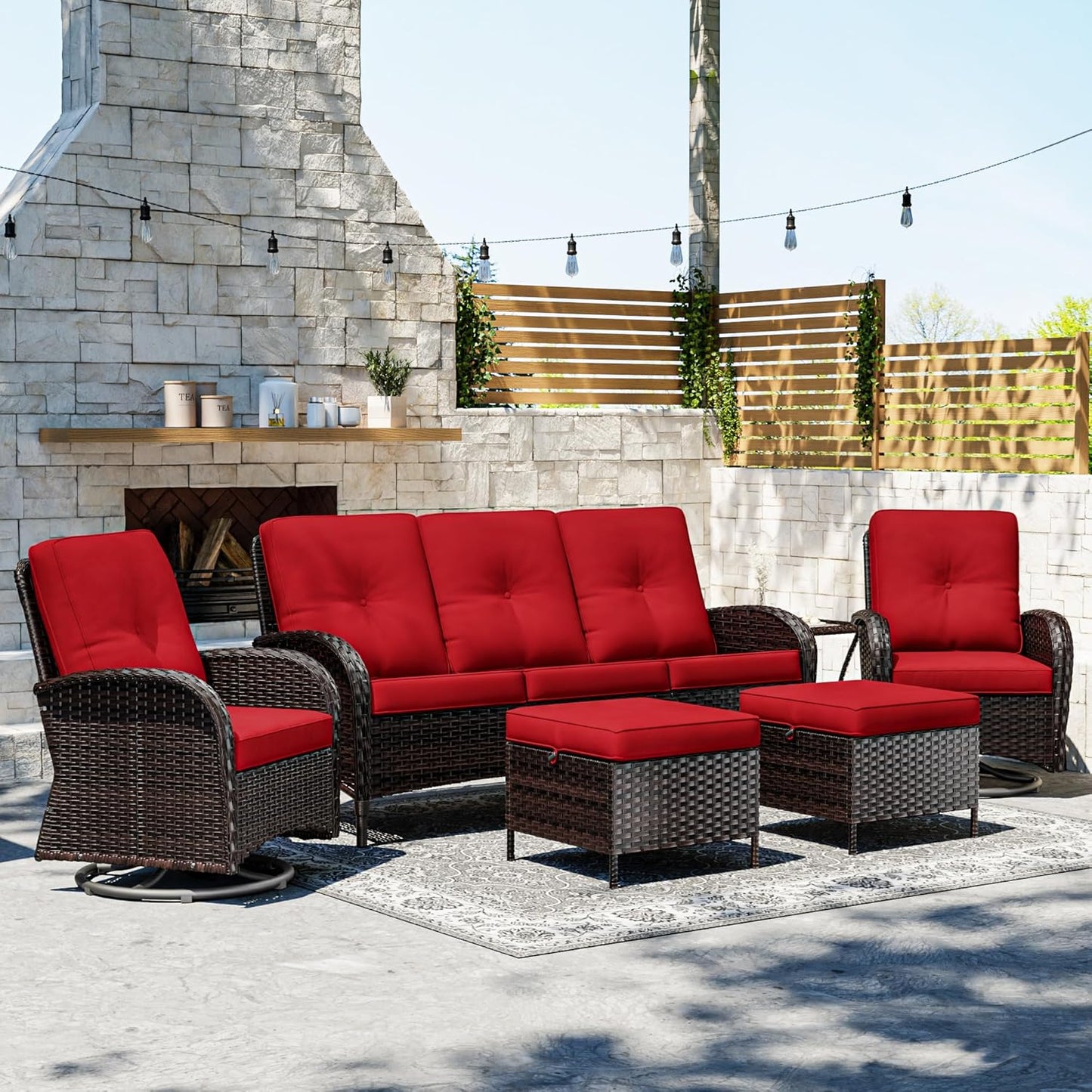 Joyside 6 Piece Patio Furniture Set, Outdoor Wicker Conversation Sets with Swivel Rocker Chairs and Sofa, Thick Cushion, Rattan Patio Sectional for Porch, Deck Use (Brown/Red, 6 PCS)