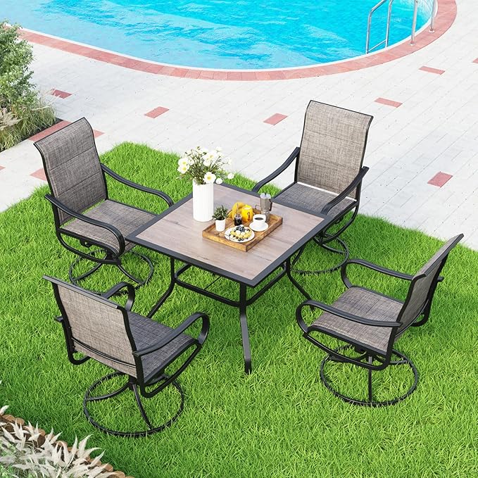 MFSTUDIO Outdoor Dining Set for 4, Patio Table and Chairs Set with Umbrella Hole, 5 Piece Patio Dining Set for Deck/Backyard/Poolside/Garden